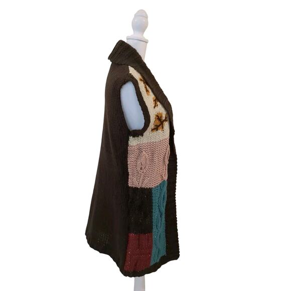 Vertigo Womens L Chunky Crochet Long Sweater Vest Brown Patchwork Boho Western - Picture 5 of 10